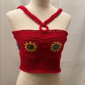Handmade Red Crochet Sunflower Top